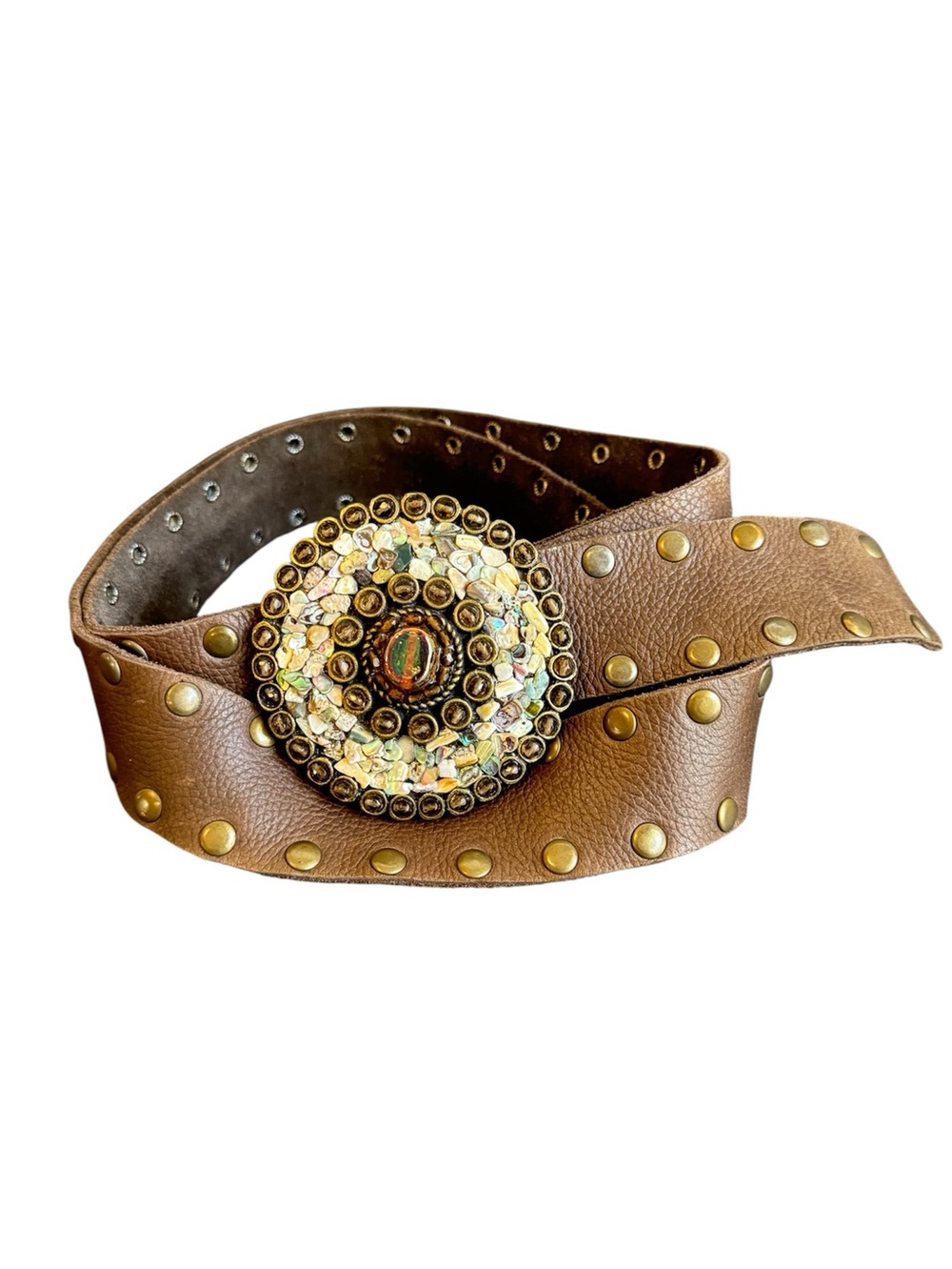 Leatherock Brown Studded Leather Belt Abalone Mosaic Stone Buckle Cowgirl XL